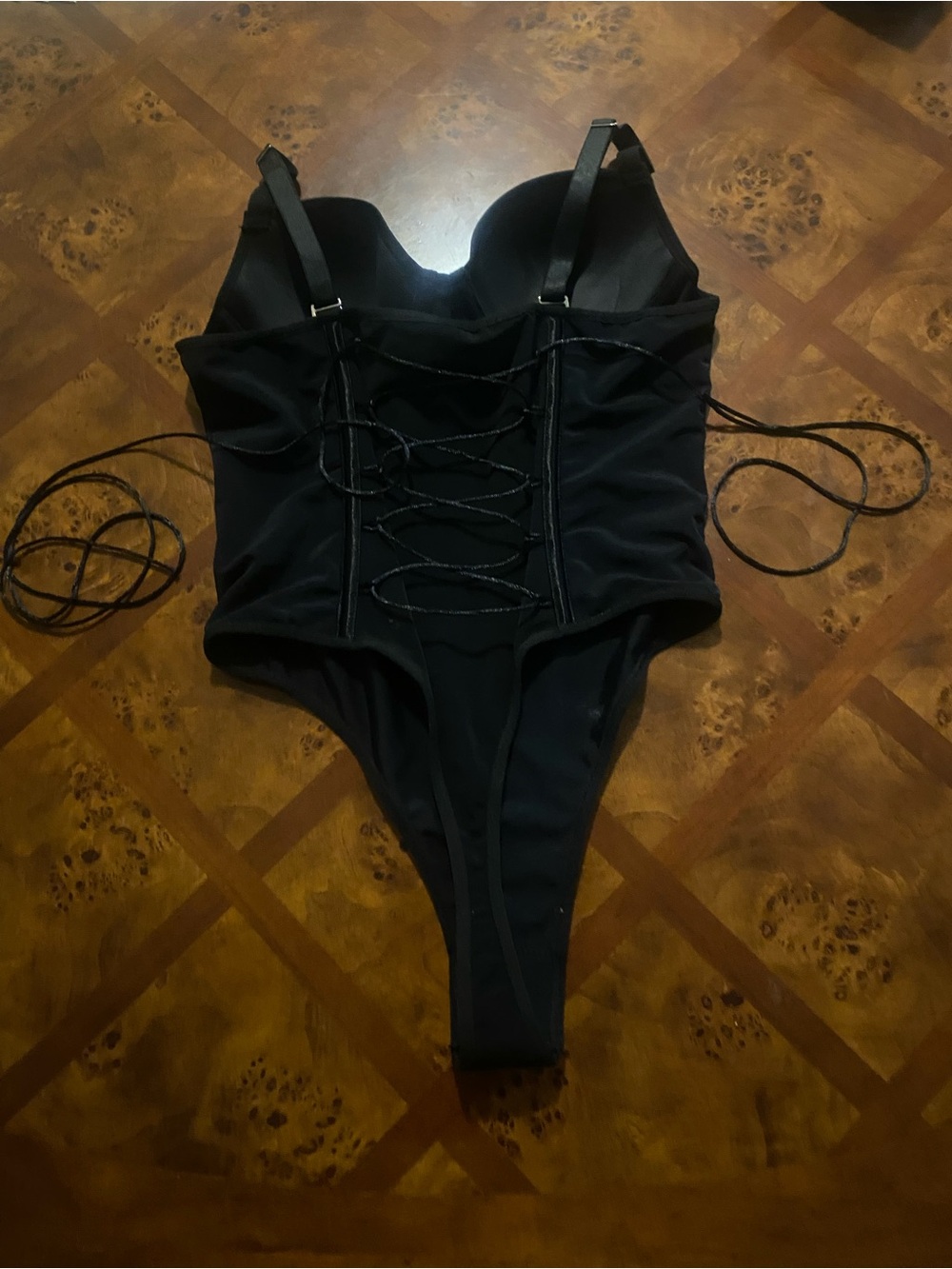 NWOT-Black Lace-Up & Thong One-Piece Bodysuit
